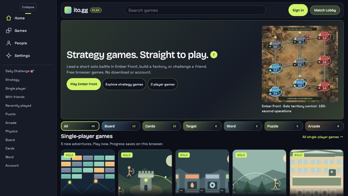 The ito.gg browser game collection, with Ember Front and a row of single-player games including Brick Works, Rune Keep and Tiny Factory.