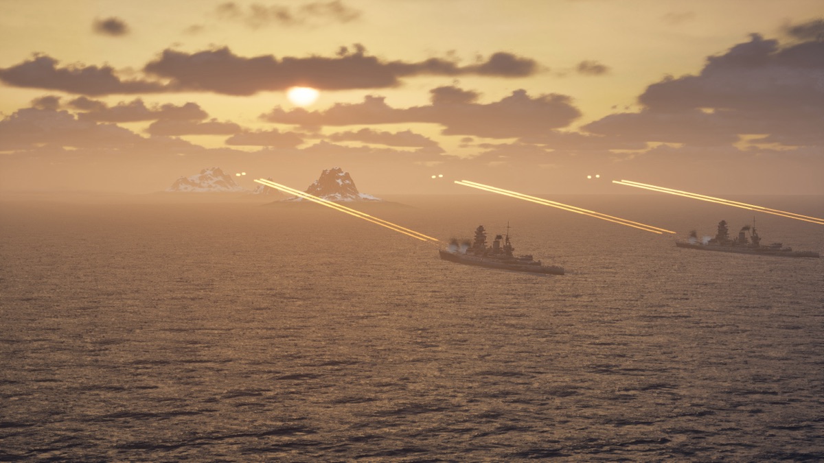 A World War II battleship firing its main battery, tracer arcs over open water at dusk.